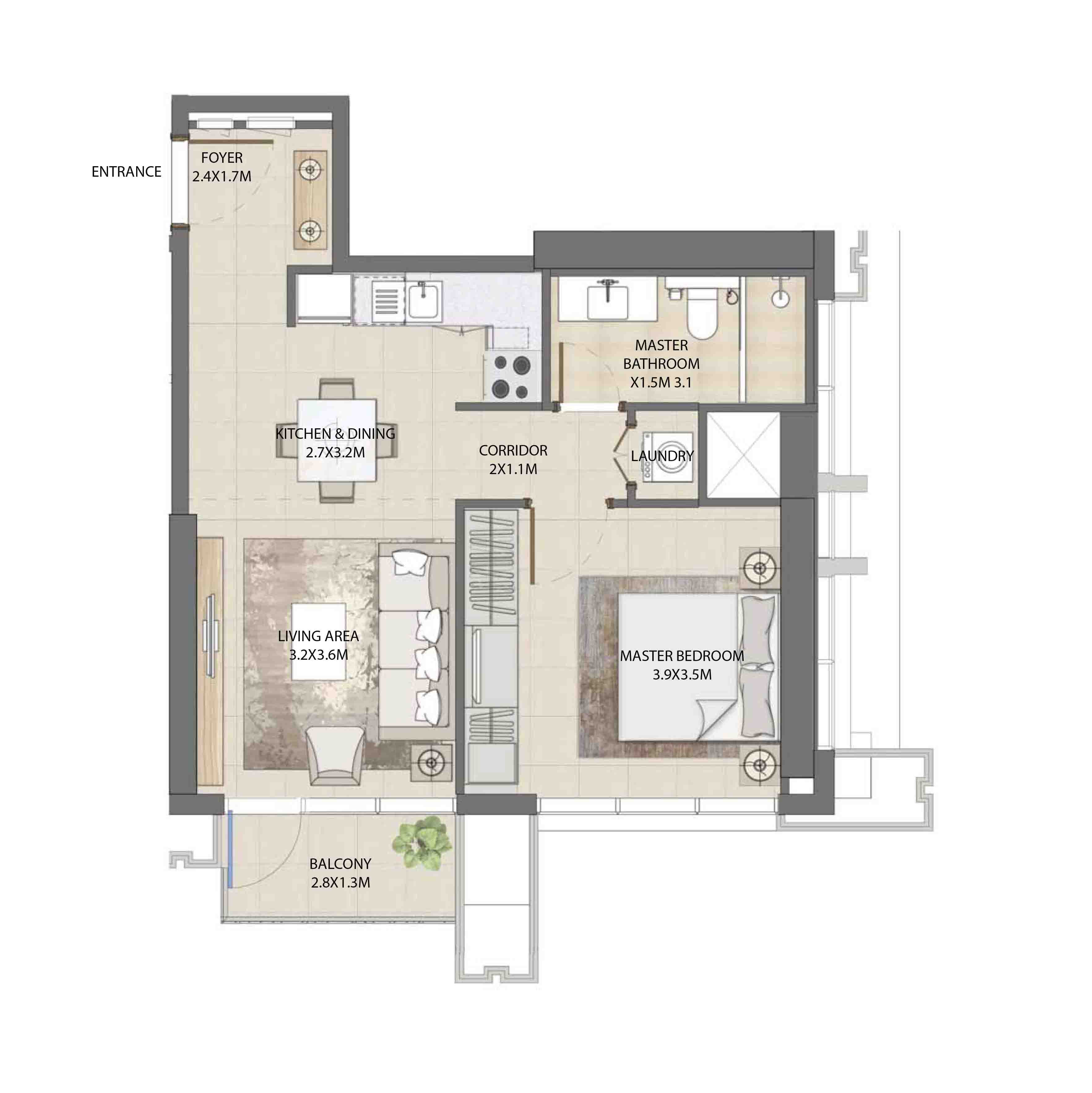 Floor plan - 1 BEDROOM  -  BURJ ROYALE - By EMAAR  - etamea.com
