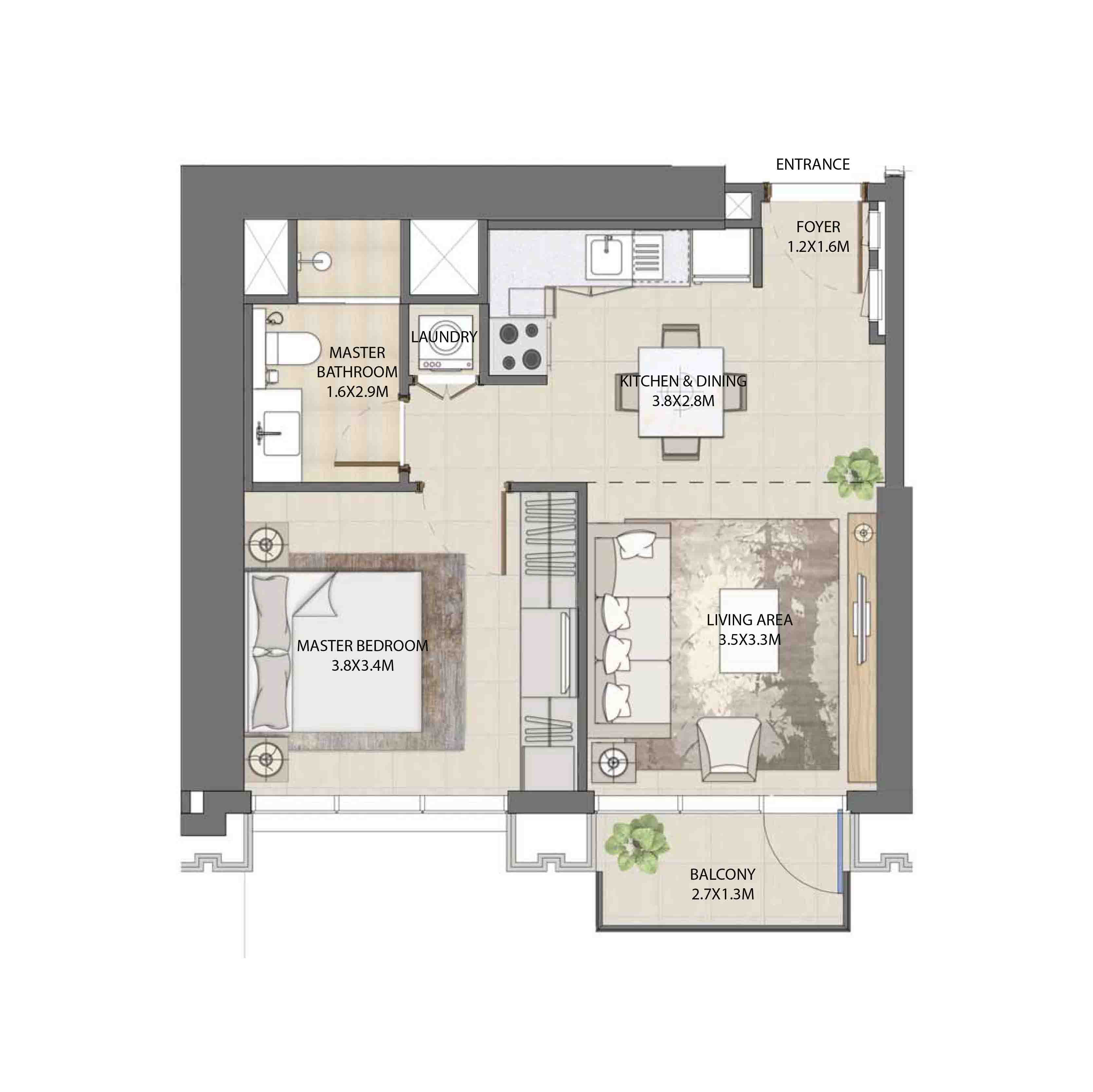 Floor plan - 1 BEDROOM  -  BURJ ROYALE - By EMAAR  - etamea.com