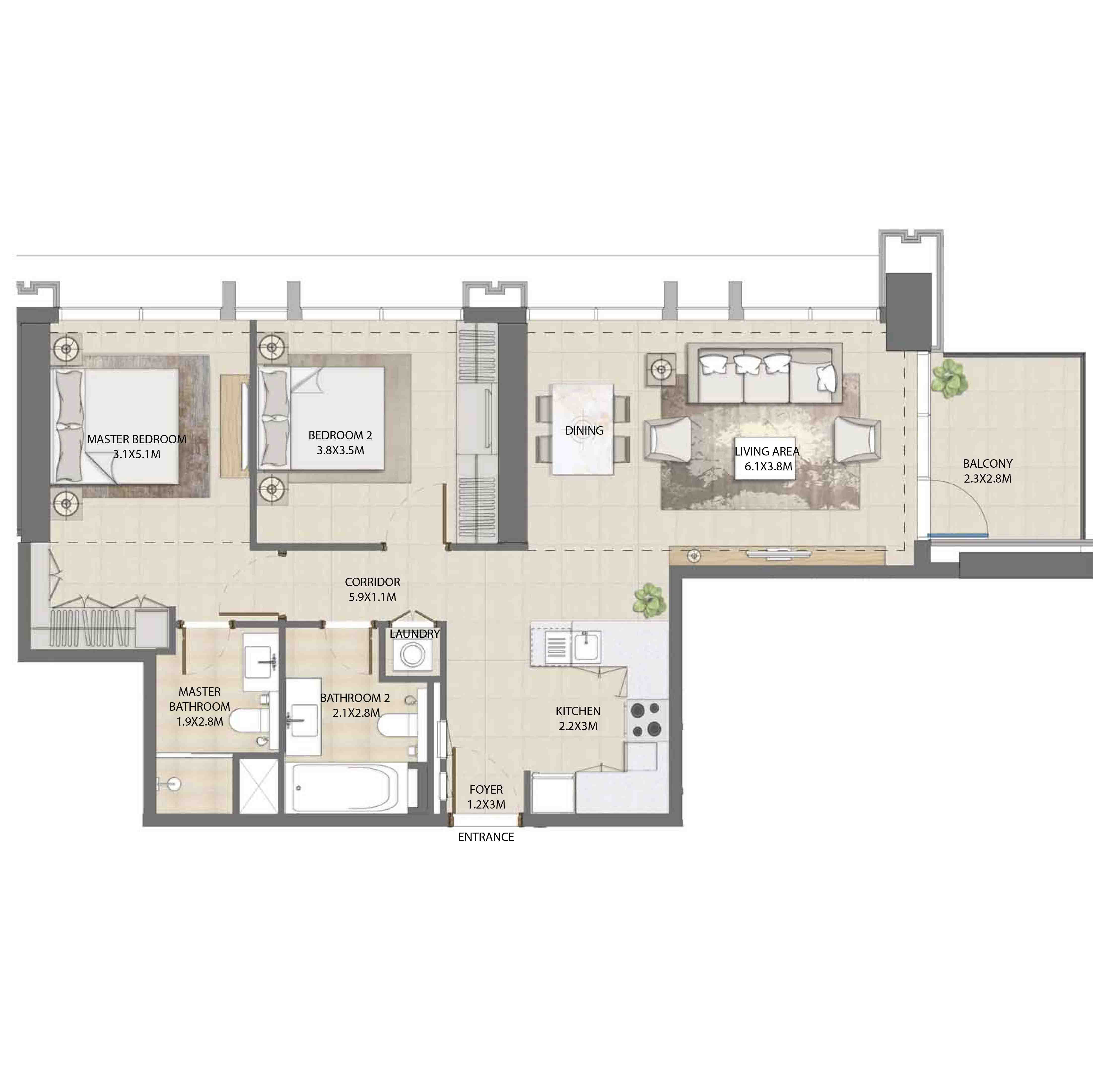 Floor plan - 2 BEDROOM  -  BURJ ROYALE - By EMAAR  - etamea.com