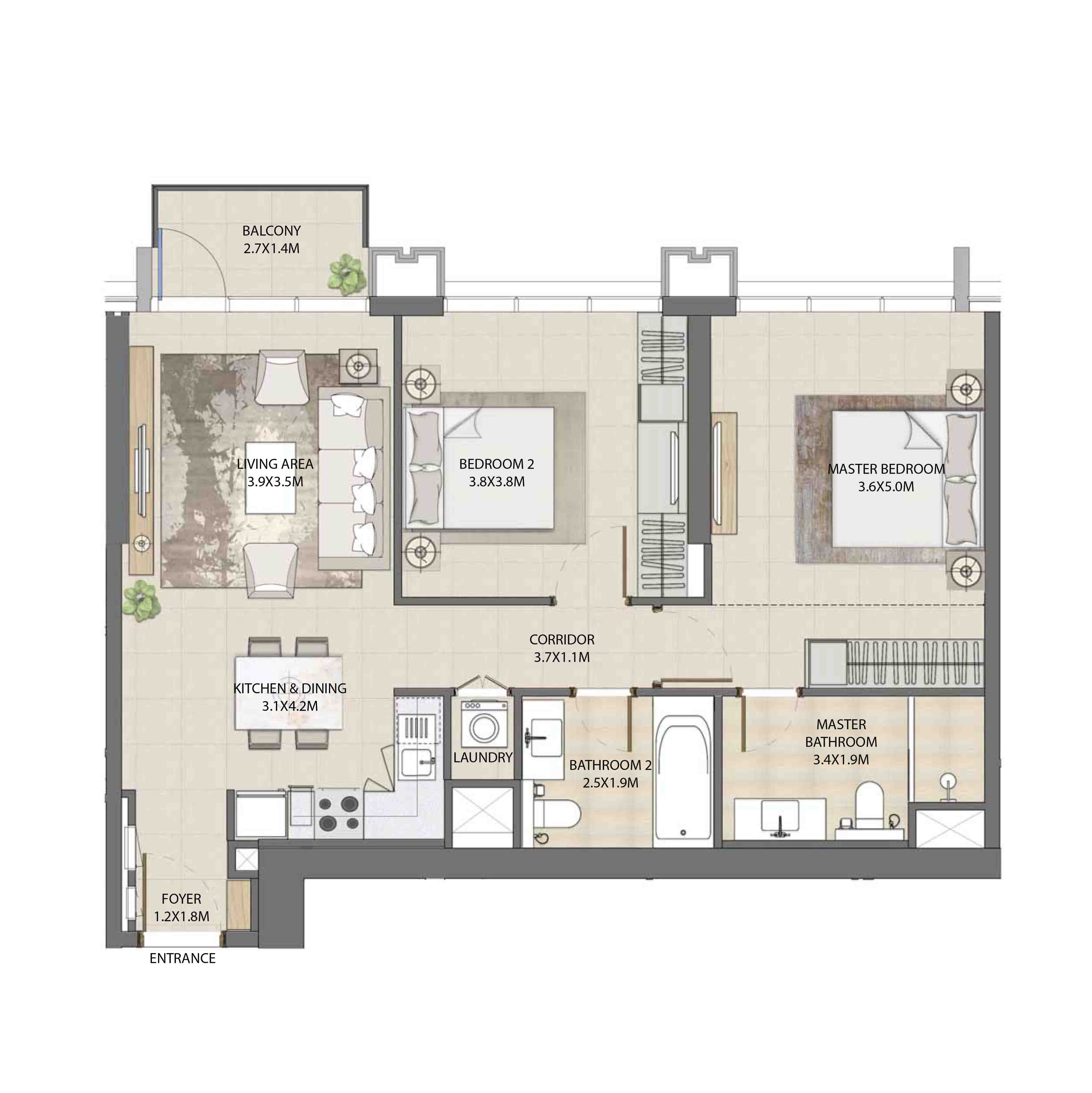Floor plan - 2 BEDROOM  -  BURJ ROYALE - By EMAAR  - etamea.com