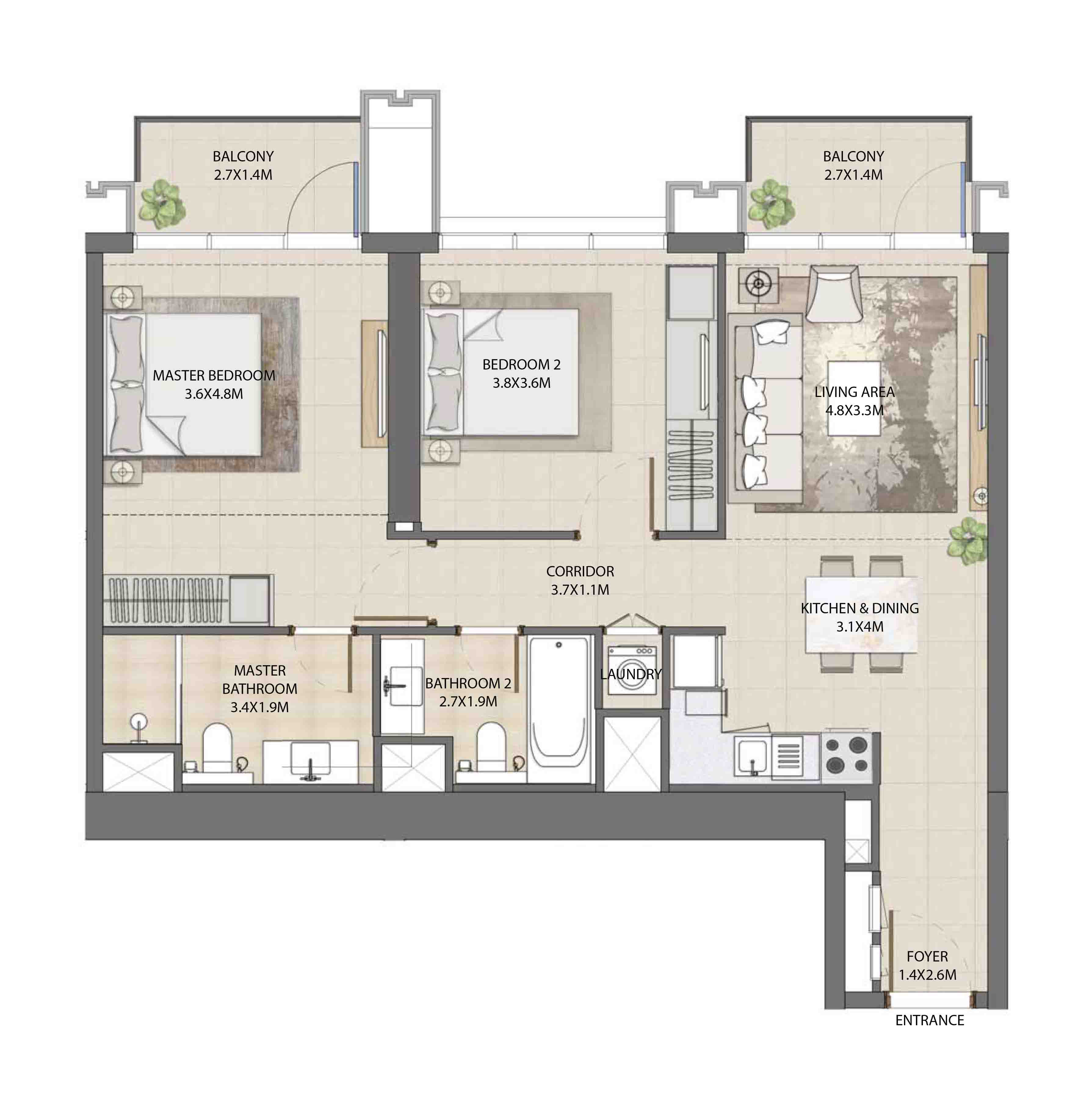 Floor plan - 2 BEDROOM  -  BURJ ROYALE - By EMAAR  - etamea.com