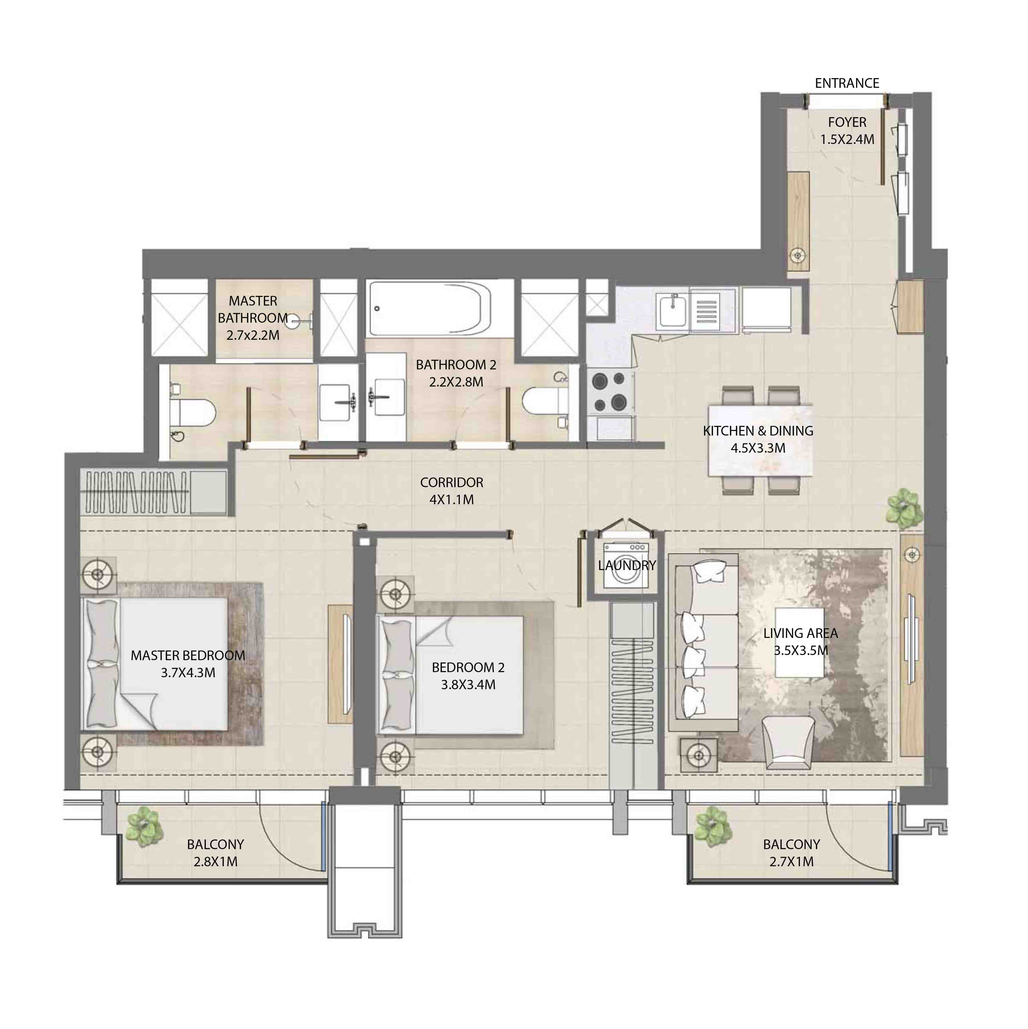 Floor plan - 2 BEDROOM  -  BURJ ROYALE - By EMAAR  - etamea.com