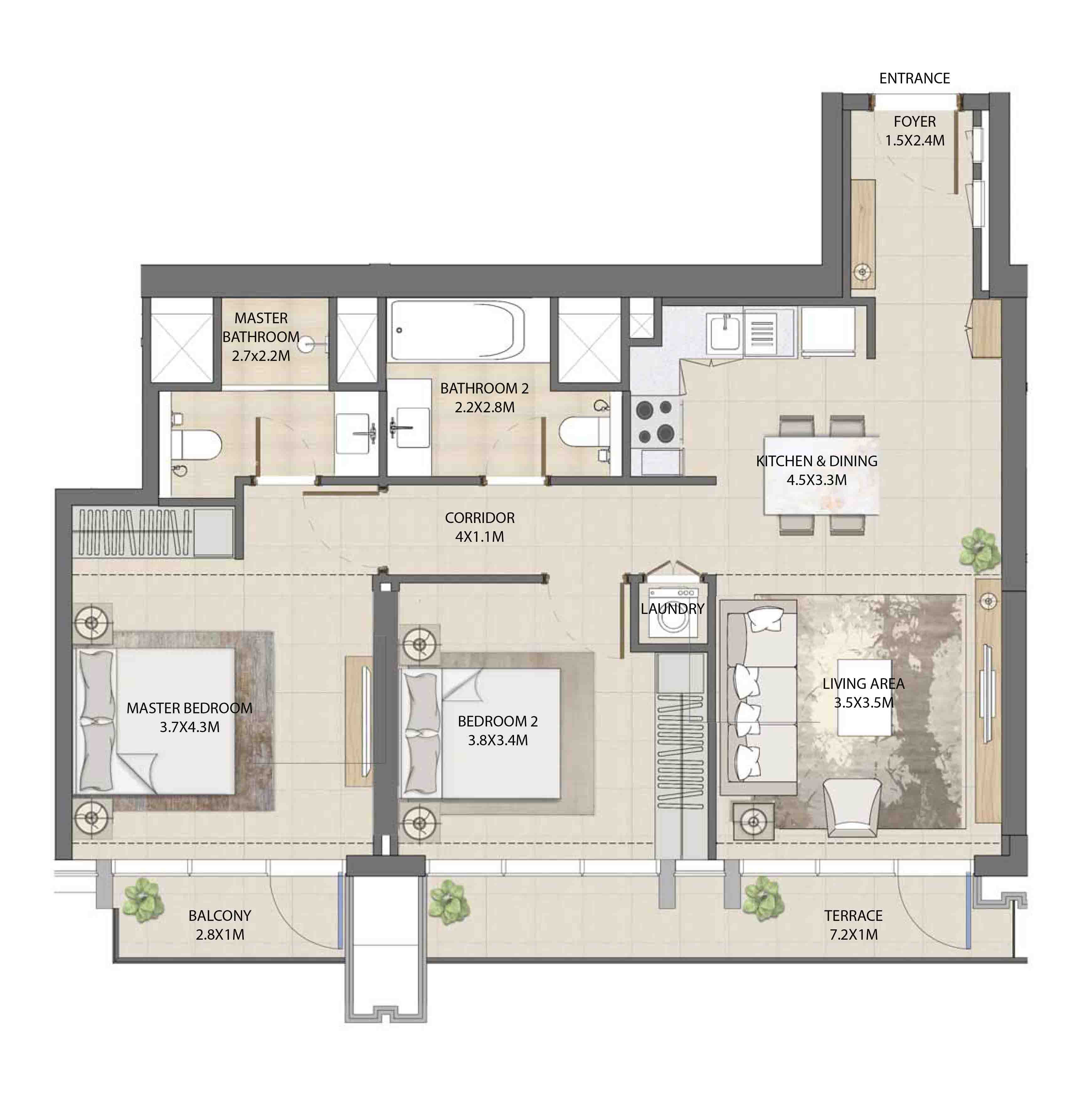 Floor plan - 2 BEDROOM  -  BURJ ROYALE - By EMAAR  - etamea.com