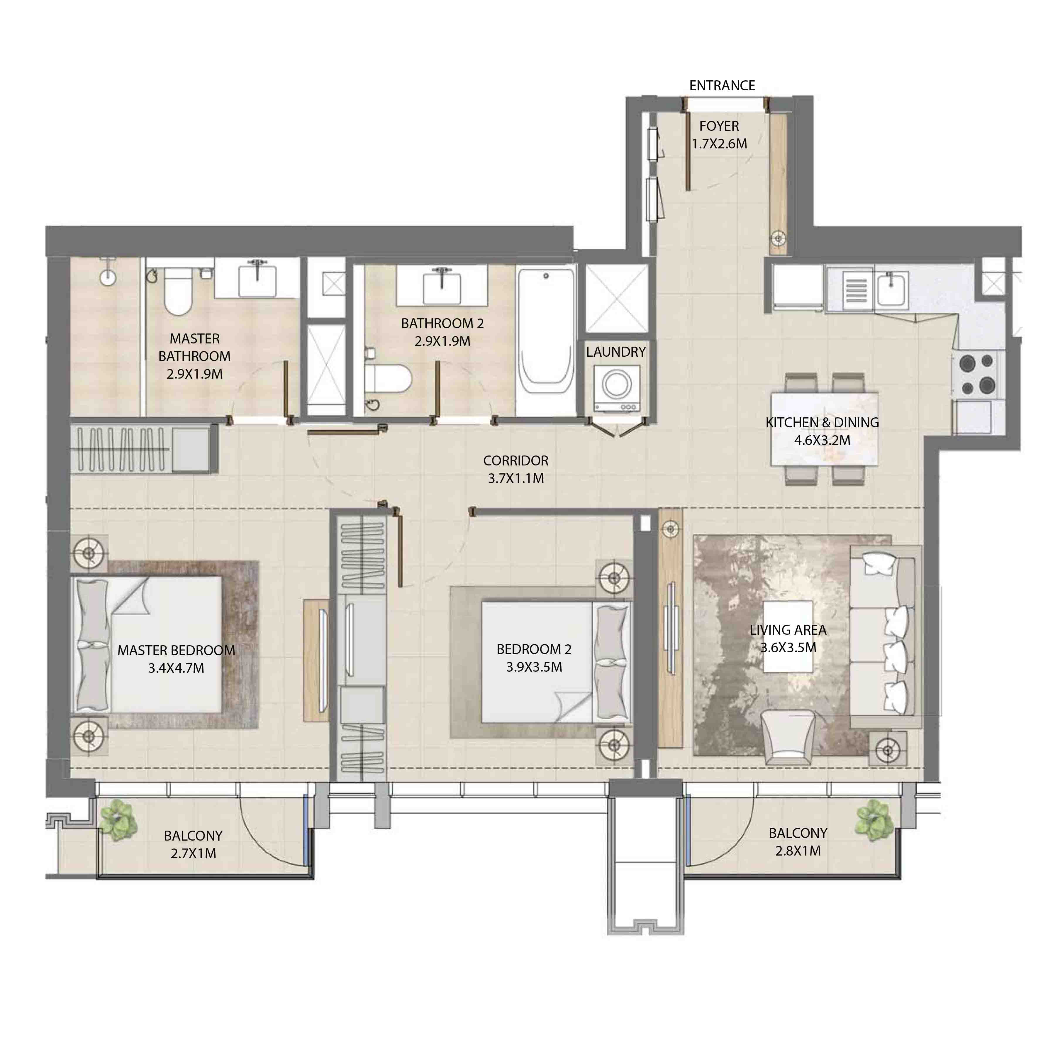 Floor plan - 2 BEDROOM  -  BURJ ROYALE - By EMAAR  - etamea.com