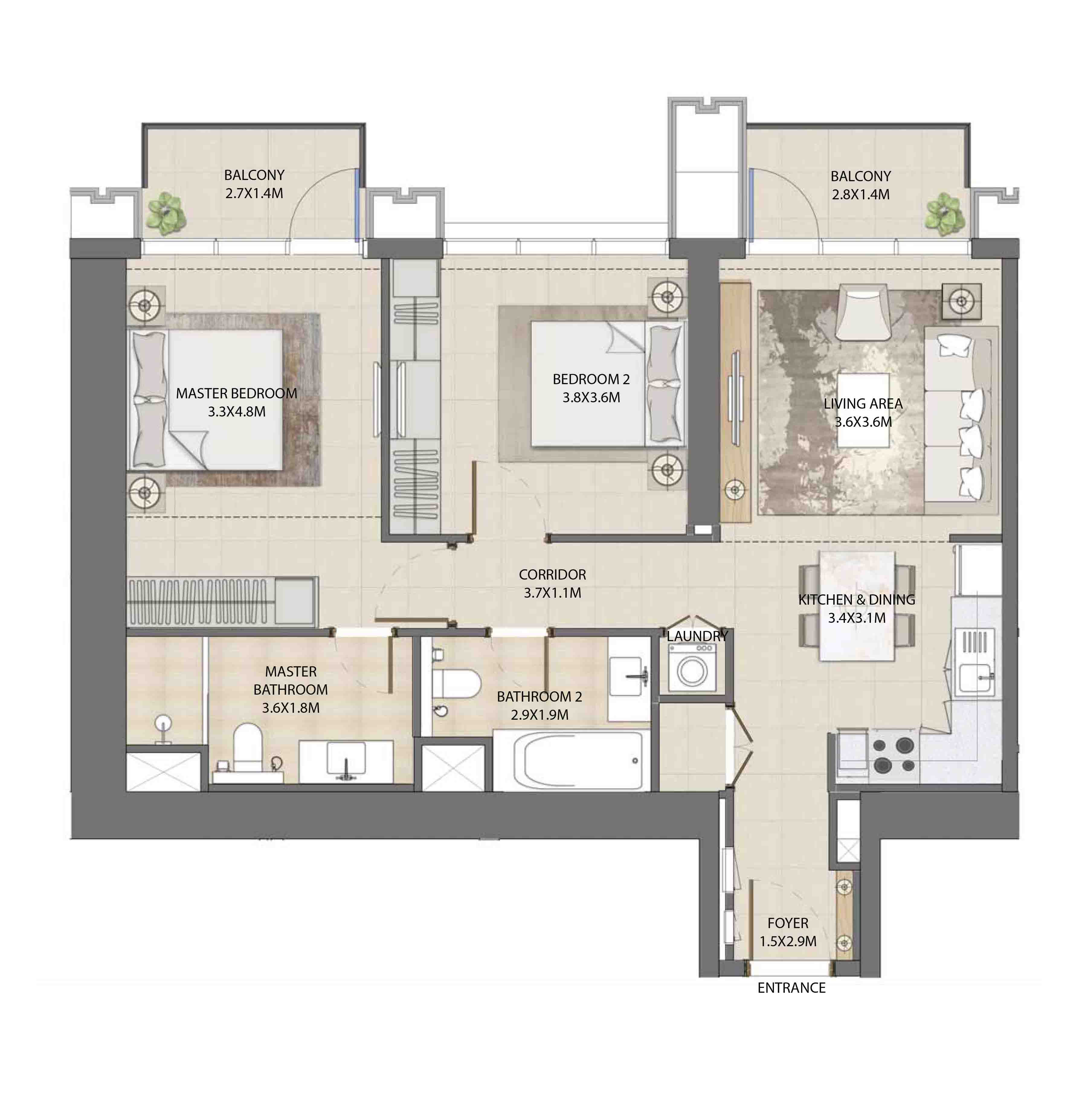 Floor plan - 2 BEDROOM  -  BURJ ROYALE - By EMAAR  - etamea.com