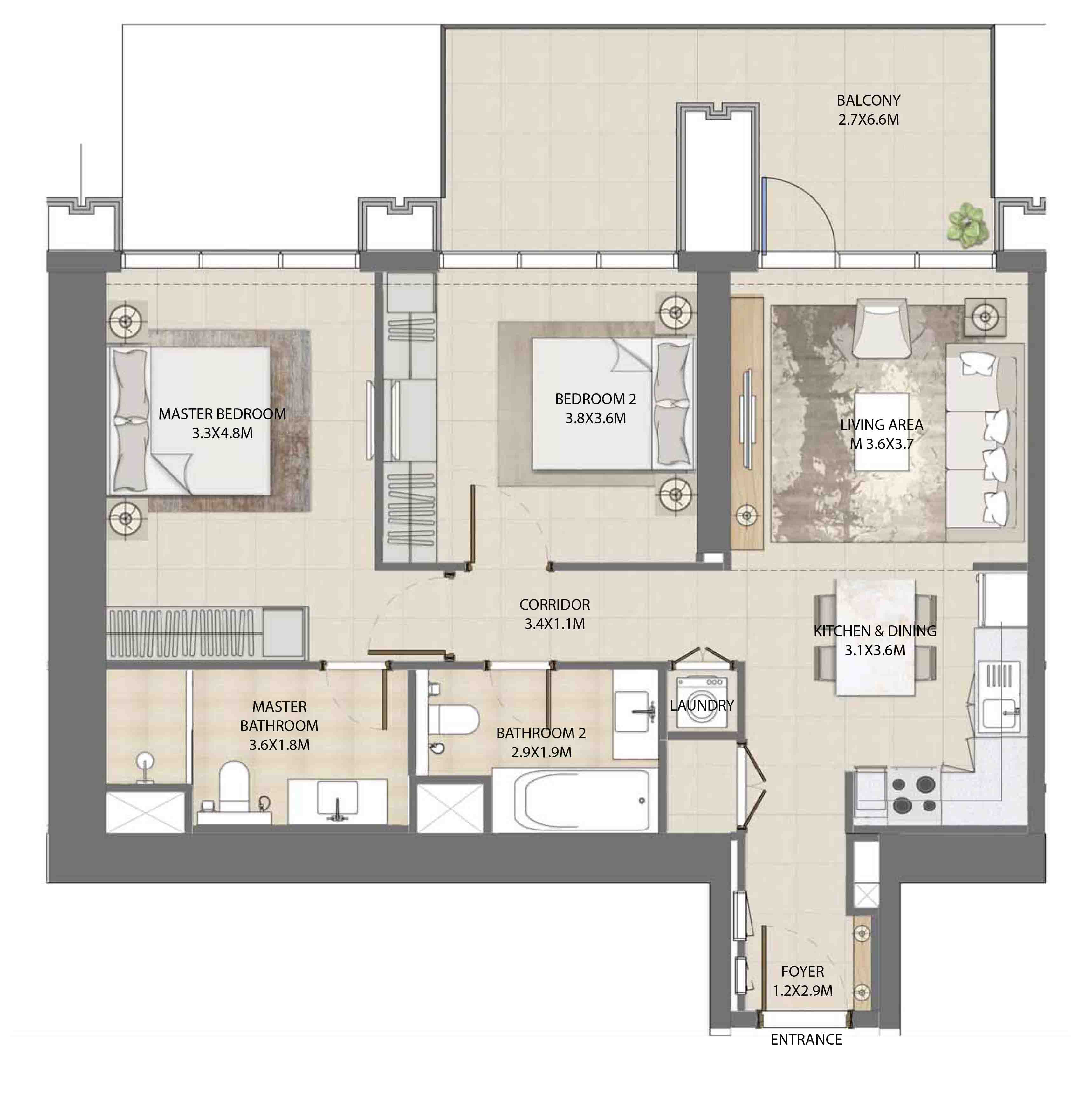 Floor plan - 2 BEDROOM  -  BURJ ROYALE - By EMAAR  - etamea.com