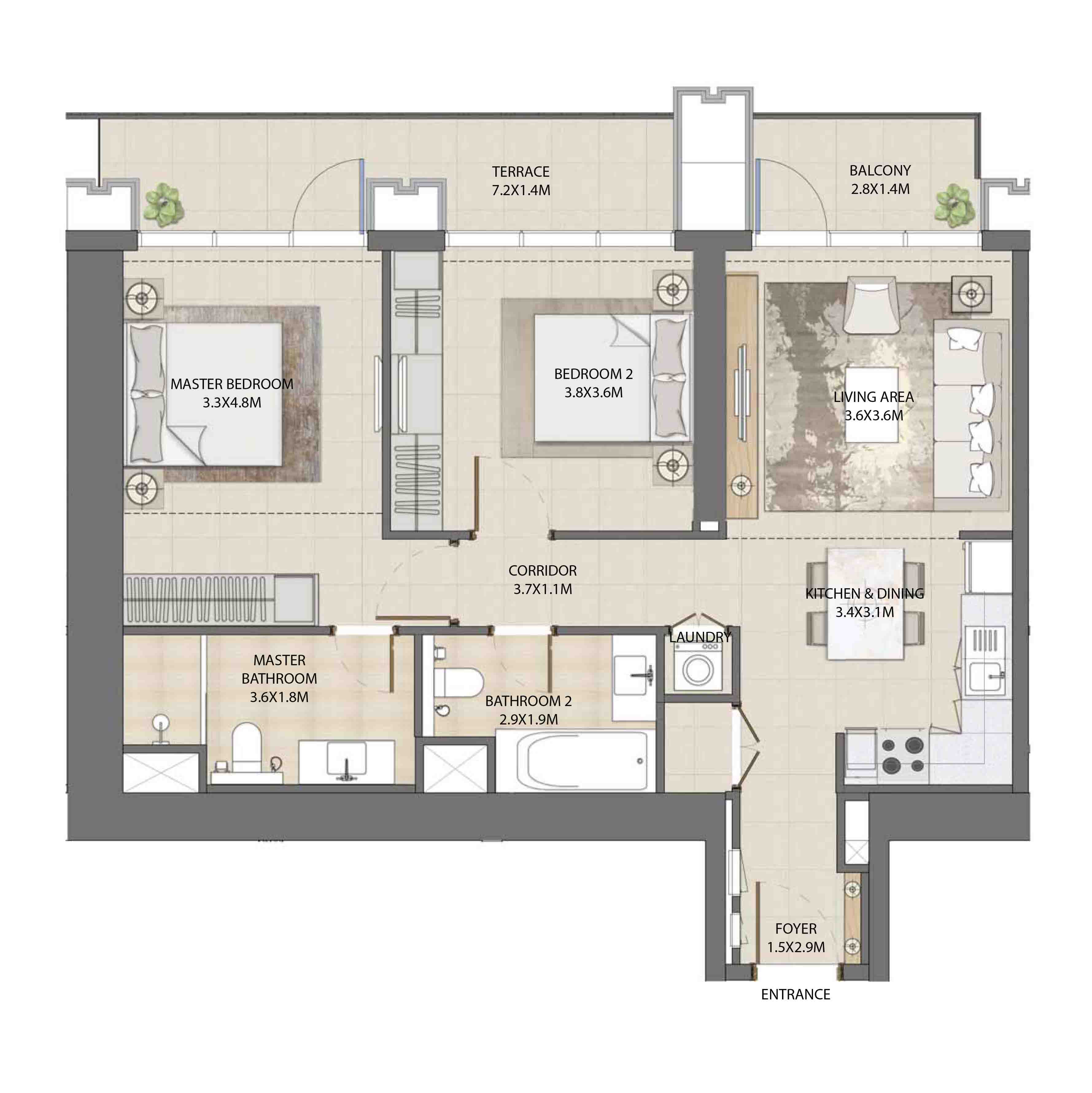 Floor plan - 2 BEDROOM  -  BURJ ROYALE - By EMAAR  - etamea.com