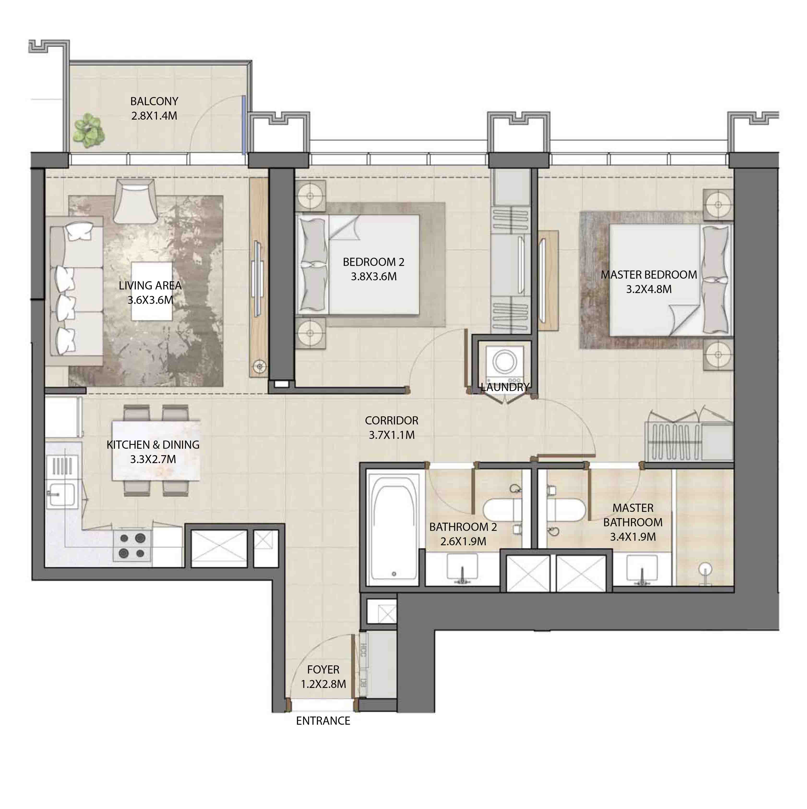 Floor plan - 2 BEDROOM  -  BURJ ROYALE - By EMAAR  - etamea.com