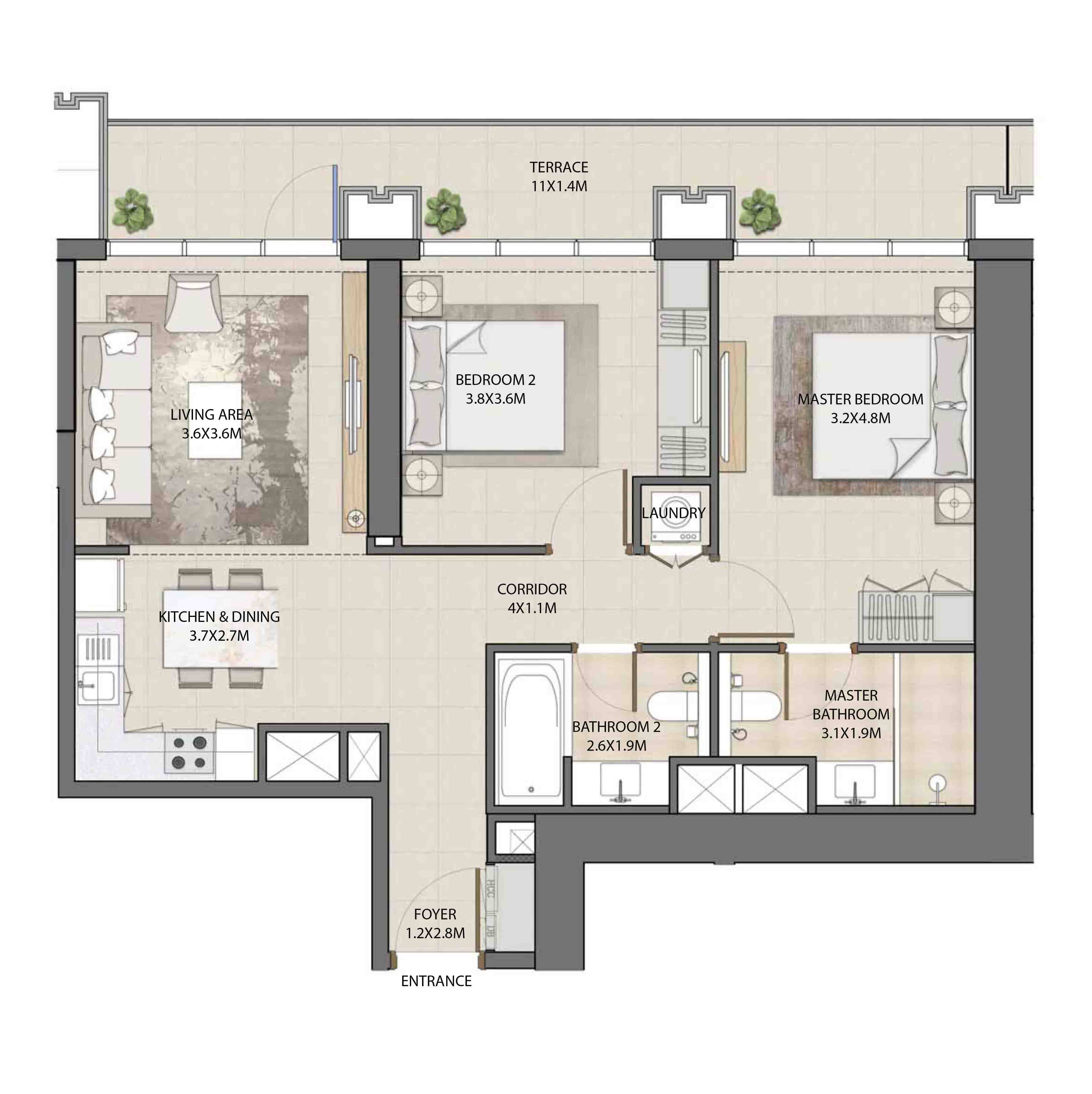 Floor plan - 2 BEDROOM  -  BURJ ROYALE - By EMAAR  - etamea.com
