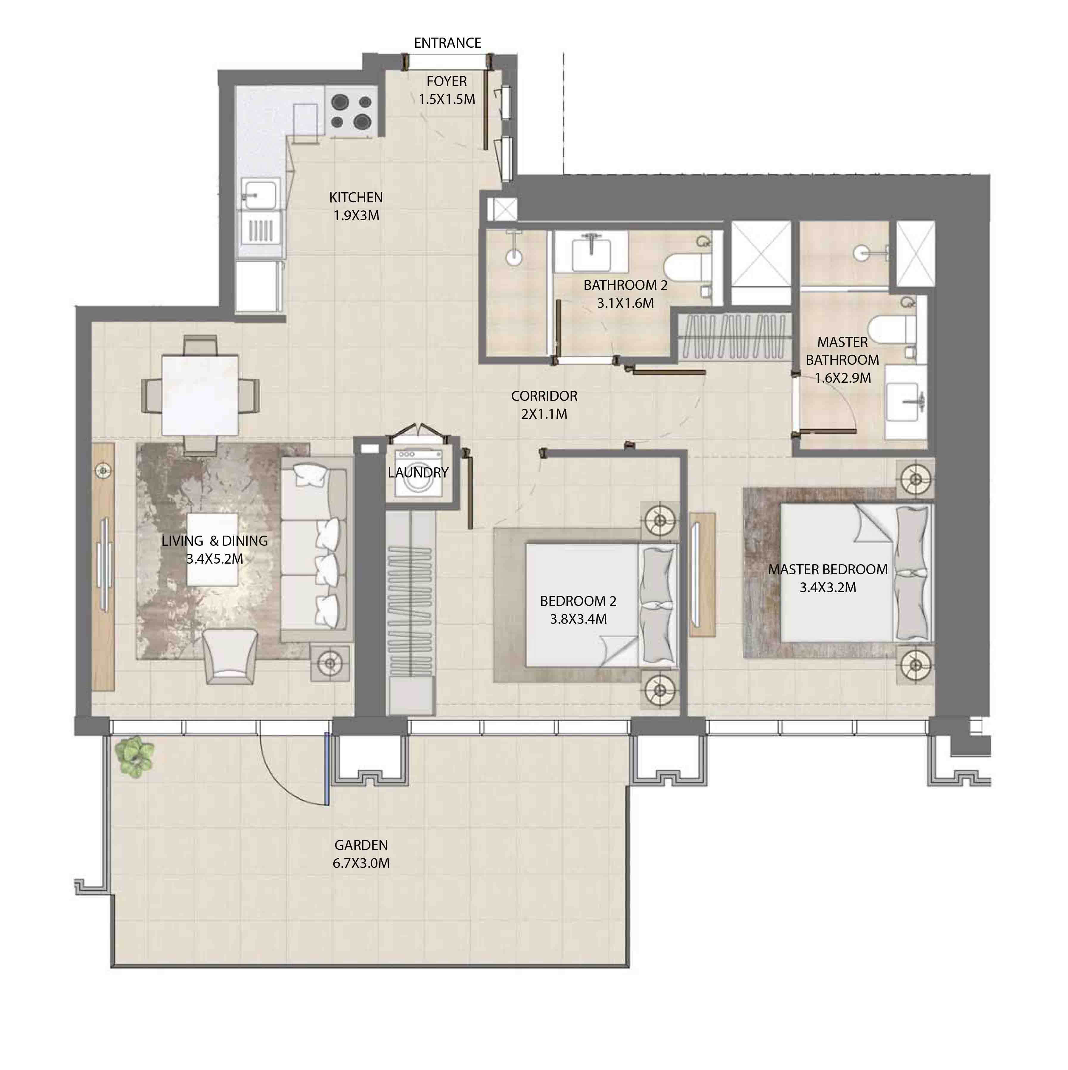 Floor plan - 2 BEDROOM  -  BURJ ROYALE - By EMAAR  - etamea.com