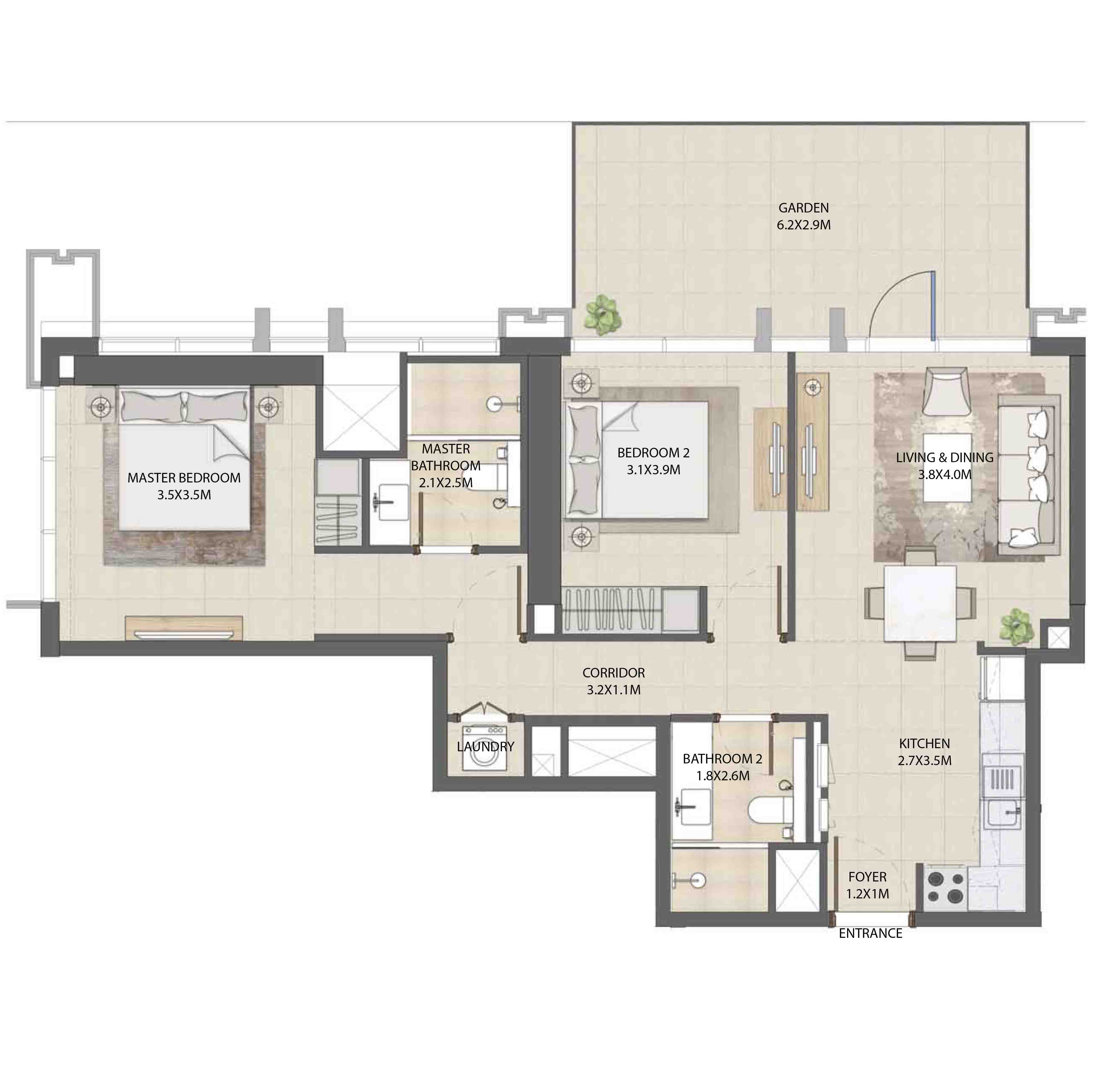 Floor plan - 2 BEDROOM  -  BURJ ROYALE - By EMAAR  - etamea.com