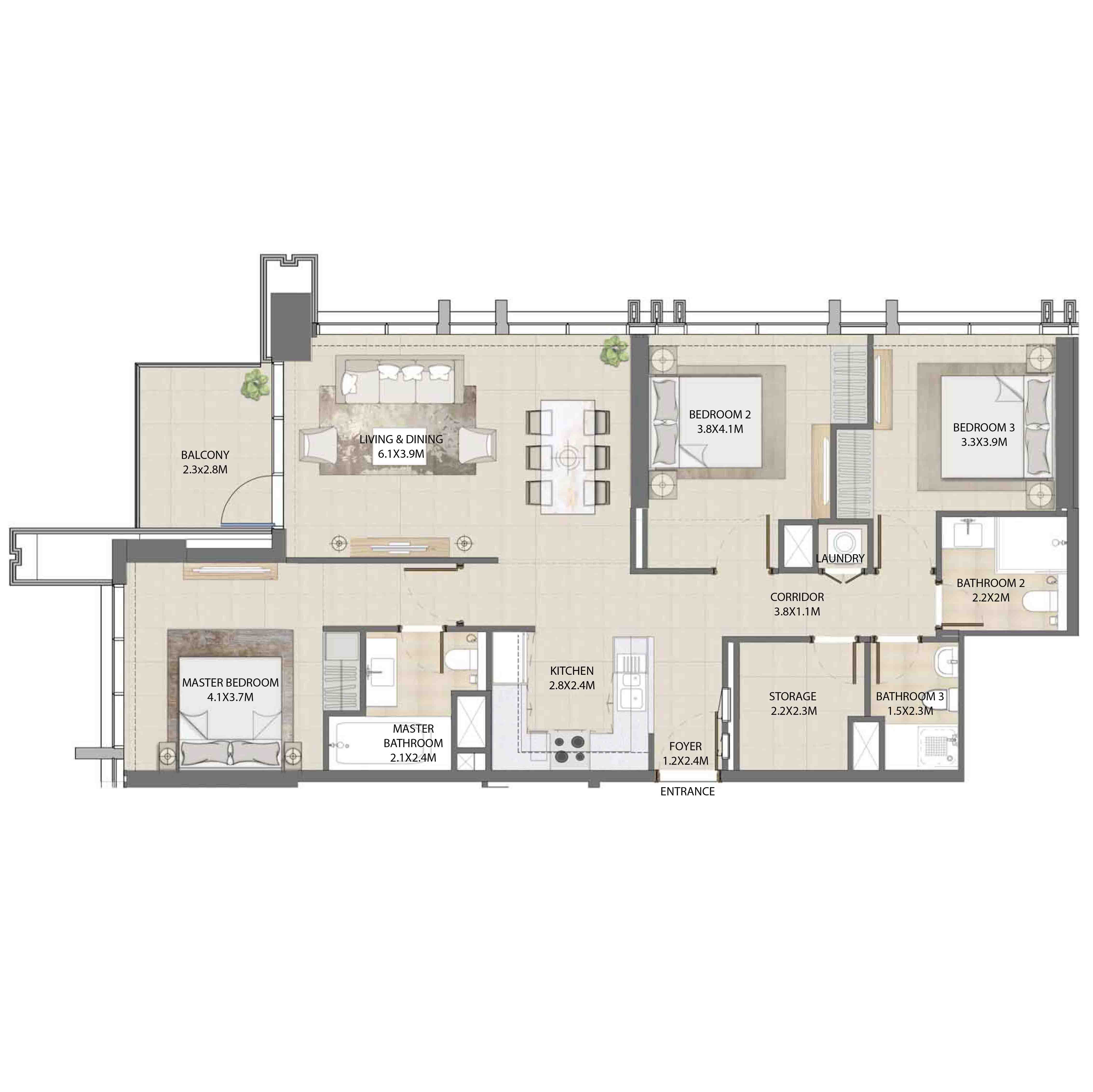 Floor plan - 3 BEDROOM  -  BURJ ROYALE - By EMAAR  - etamea.com