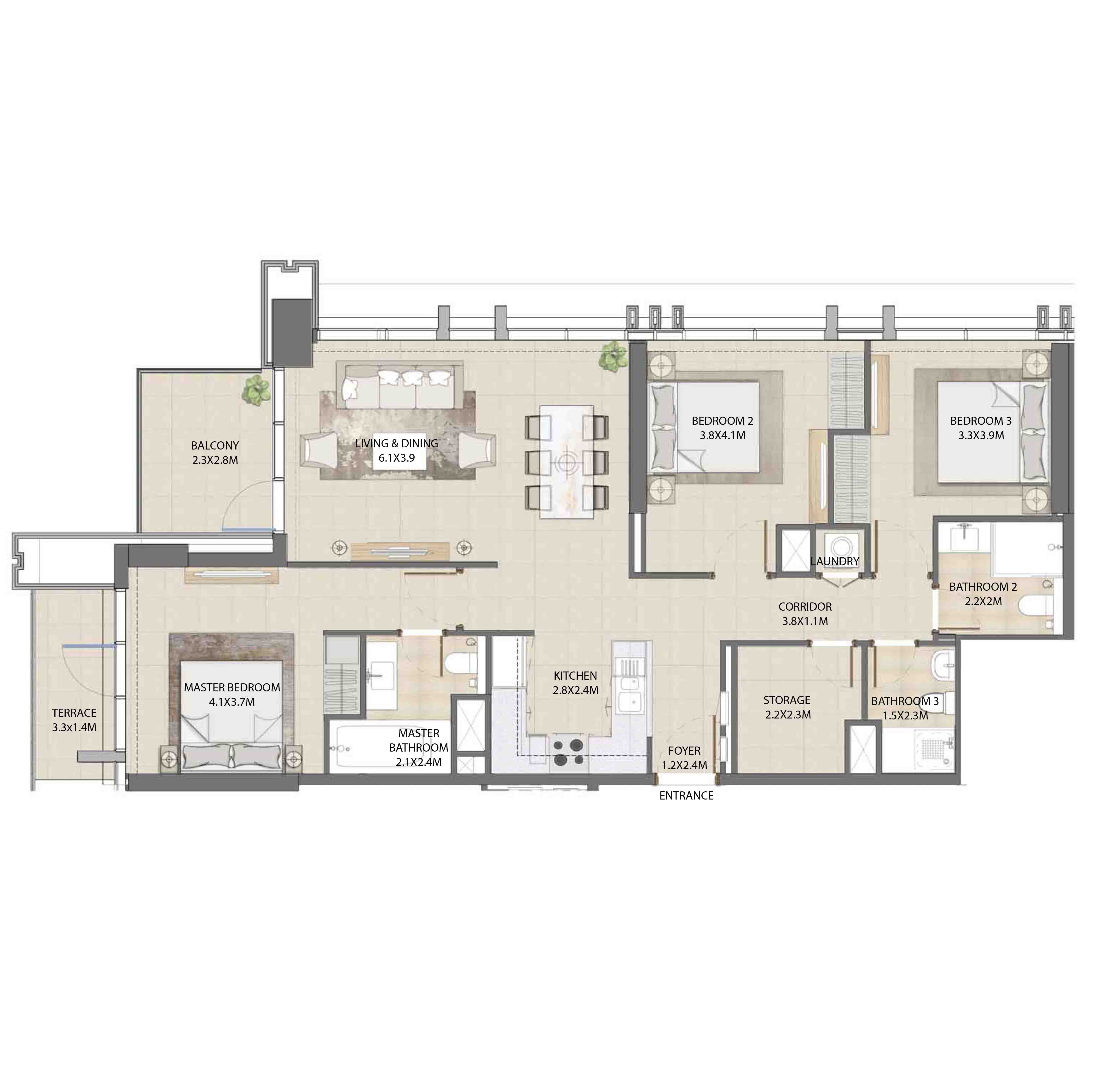 Floor plan - 3 BEDROOM  -  BURJ ROYALE - By EMAAR  - etamea.com