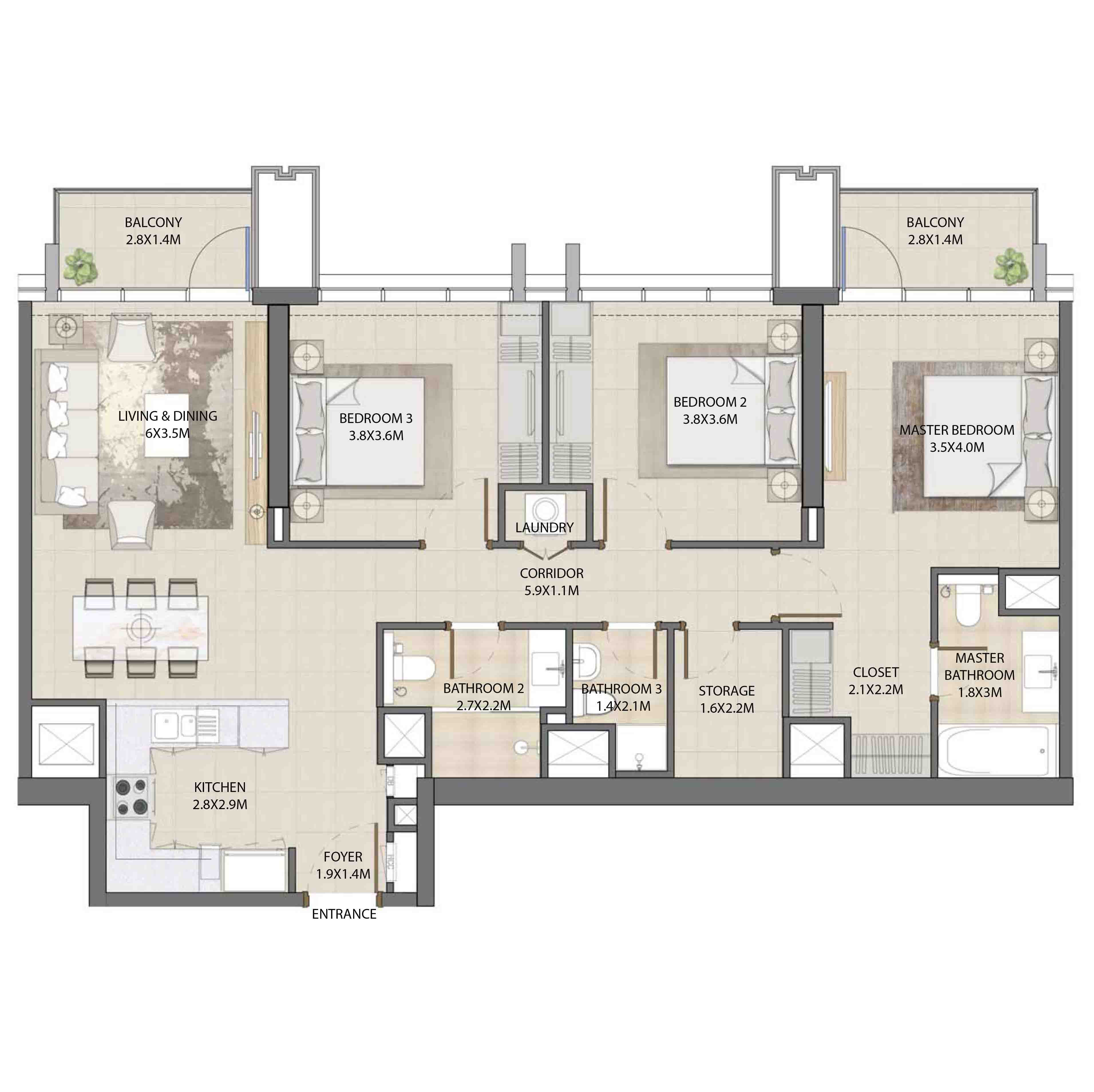 Floor plan - 3 BEDROOM  -  BURJ ROYALE - By EMAAR  - etamea.com