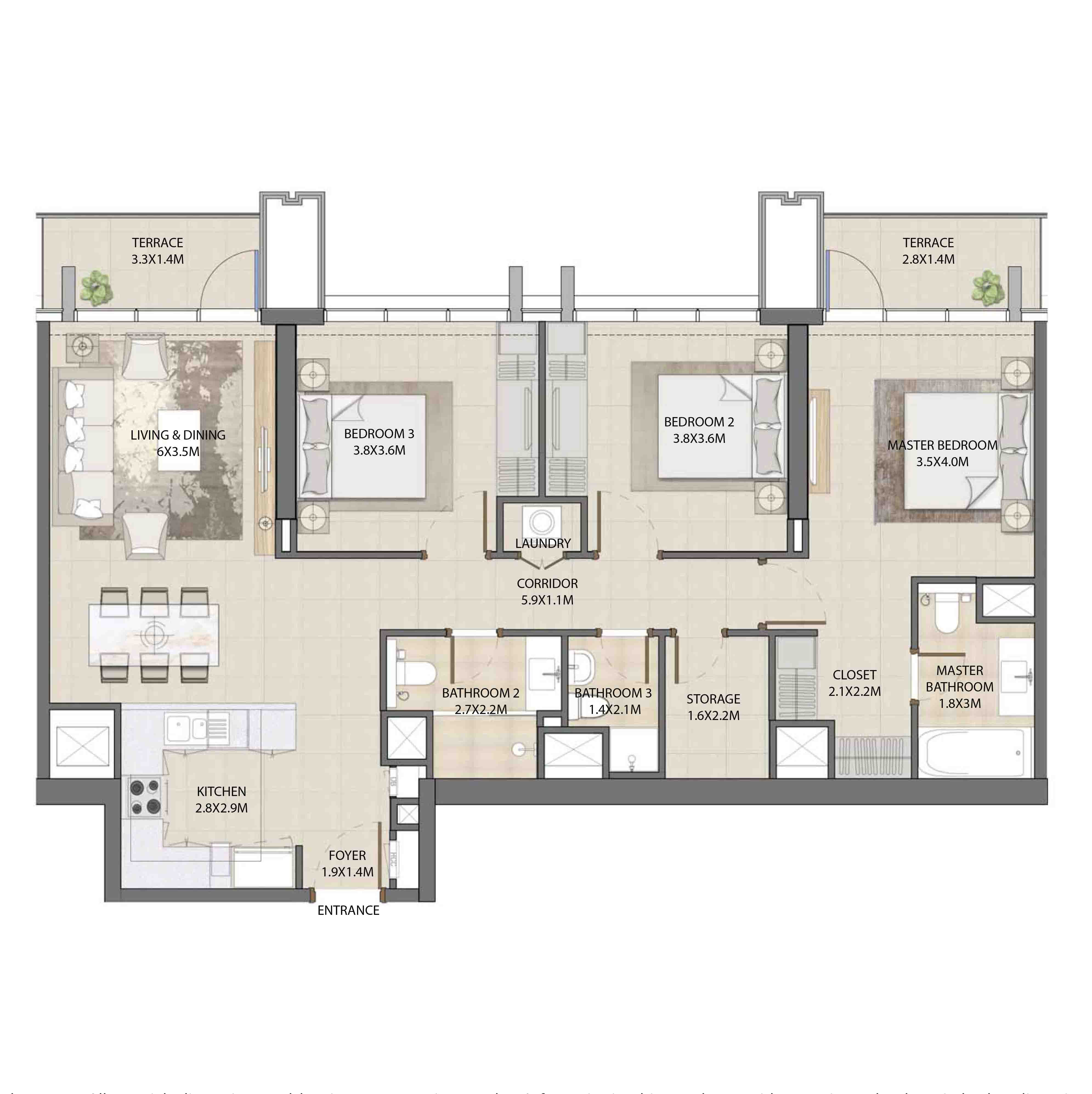 Floor plan - 3 BEDROOM  -  BURJ ROYALE - By EMAAR  - etamea.com