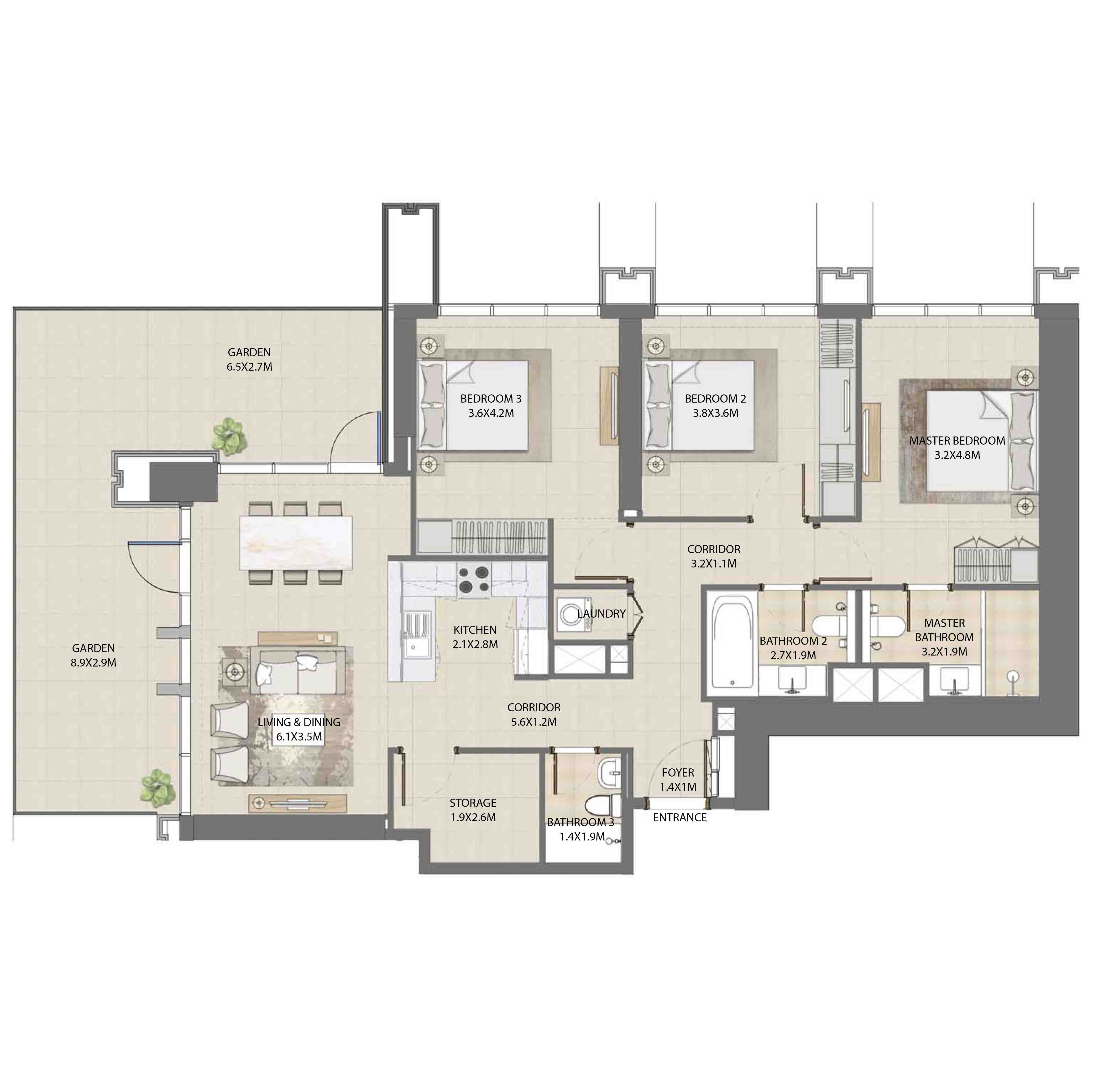 Floor plan - 3 BEDROOM  -  BURJ ROYALE - By EMAAR  - etamea.com