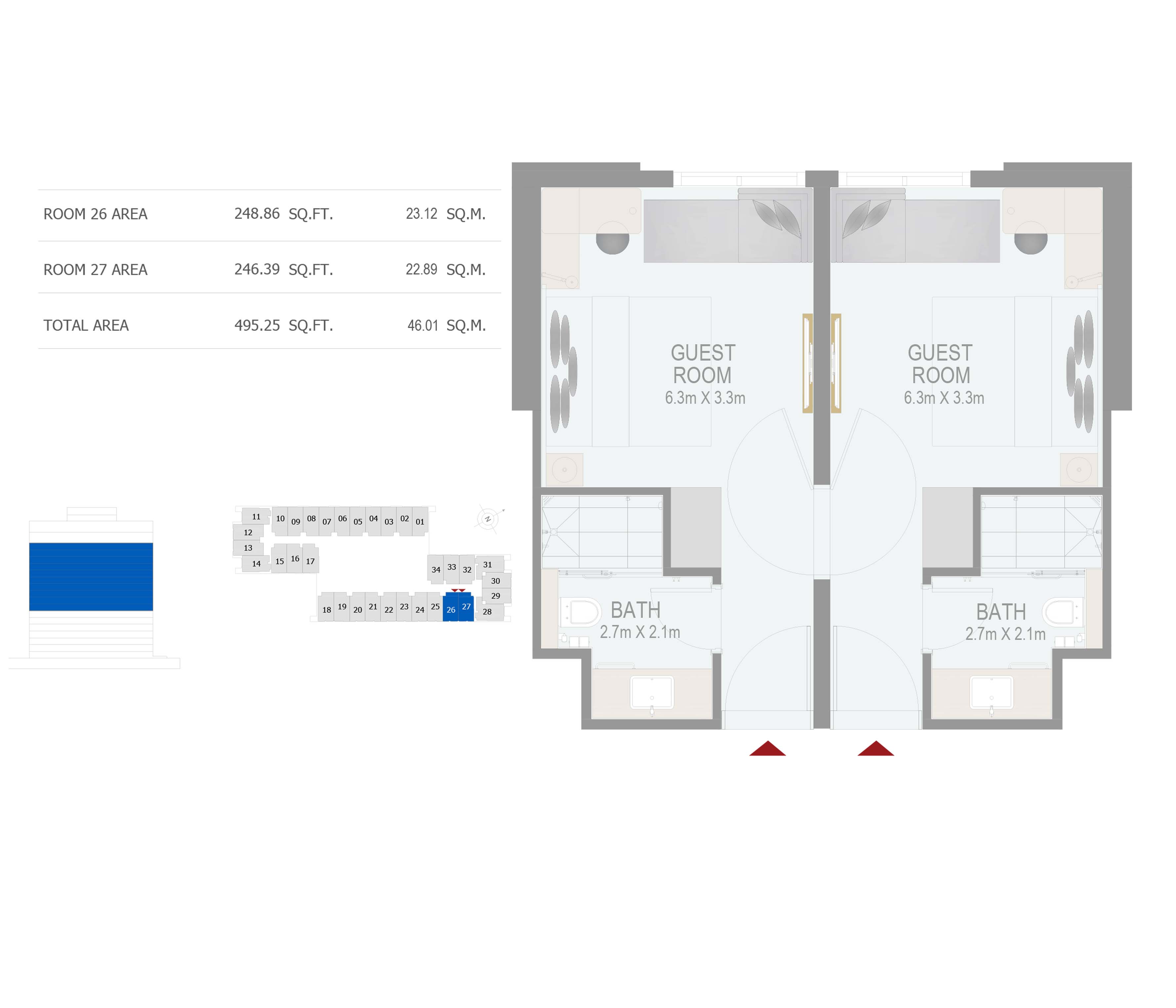 Floor plan - GUEST ROOM -  ROVE CITY WALK BY EMAAR  - etamea.com