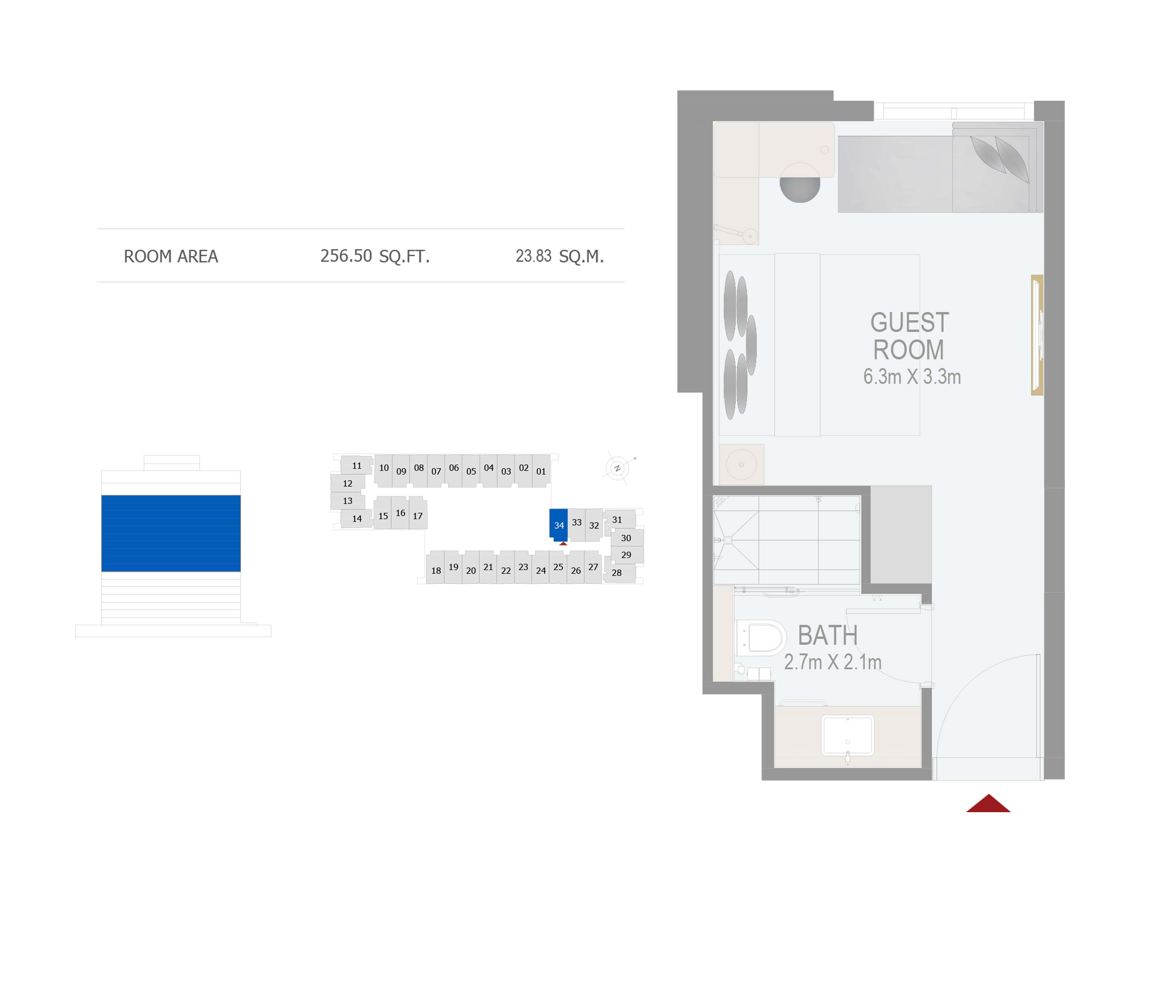 Floor plan - GUEST ROOM(ROOM 34) -  ROVE CITY WALK BY EMAAR  - etamea.com