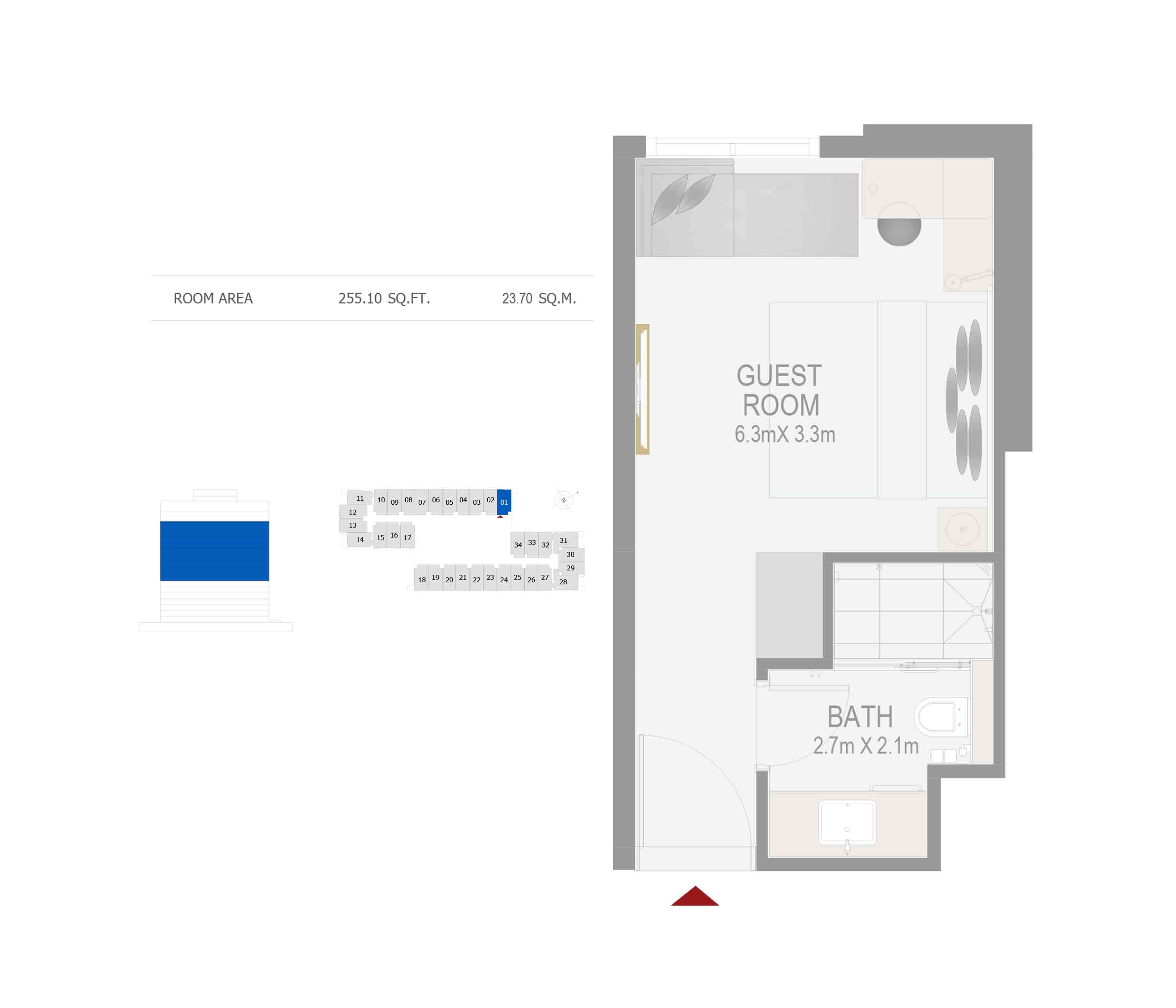 Floor plan - GUEST ROOM(ROOM 01) -  ROVE CITY WALK BY EMAAR  - etamea.com