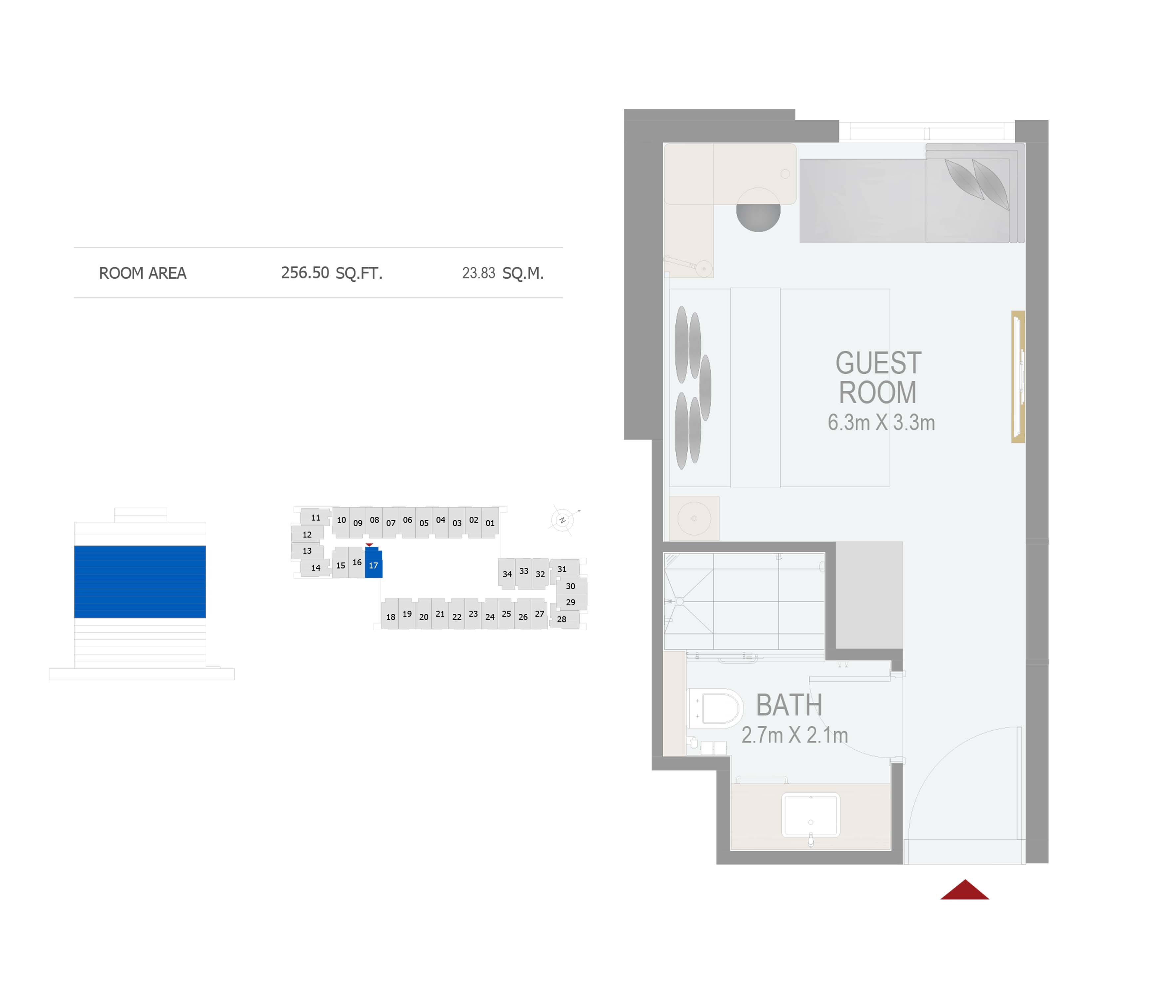 Floor plan - GUEST ROOM(ROOM 17) -  ROVE CITY WALK BY EMAAR  - etamea.com