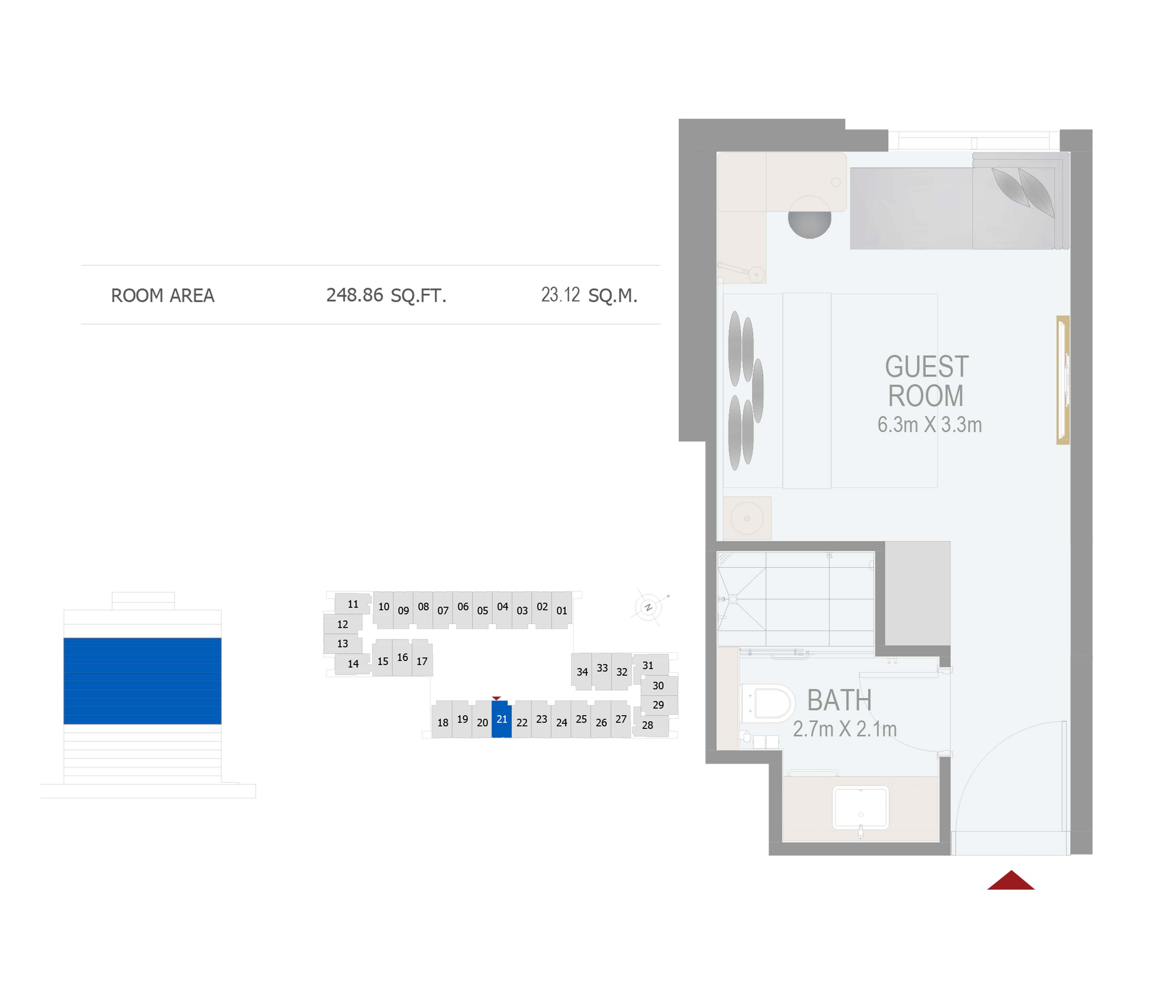 Floor plan - GUEST ROOM(ROOM 21) -  ROVE CITY WALK BY EMAAR  - etamea.com